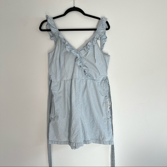 Madewell Blue & White Striped Surplus Ruffle Neckline Short Romper Playsuit SZ 2 - Picture 8 of 15
